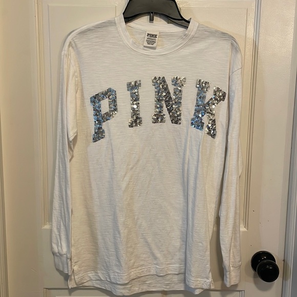 PINK Victoria's Secret Tops - Pink Victoria’s‎ Secret silver logo sequin long sleeve T-shirt size XS